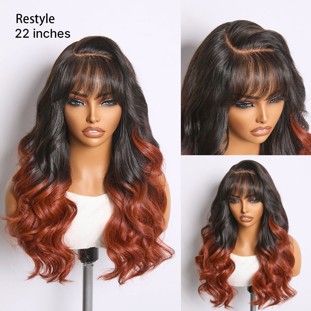 Luvme Hair ombre reddish brown loose wave lace wig with bangs, glueless 5x5 closure and pre-cut lace for natural styling.