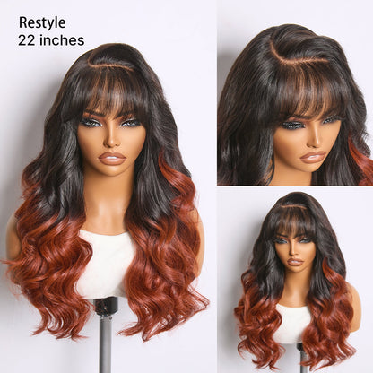 Luvme Hair ombre reddish brown loose wave lace wig with bangs, glueless 5x5 closure and pre-cut lace for natural styling.