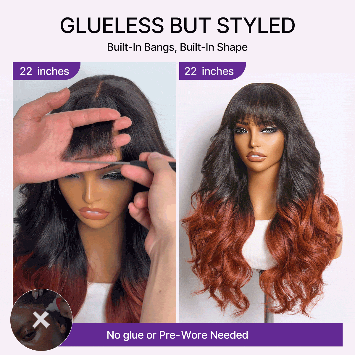 Luvme Hair ombre reddish brown loose wave lace wig with bangs, glueless 5x5 closure, pre-cut lace, natural hairline