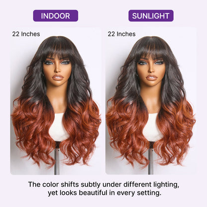 Luvme Hair ombre reddish brown loose wave lace closure wig with bangs, glueless 5x5 closure, pre-cut lace, natural style