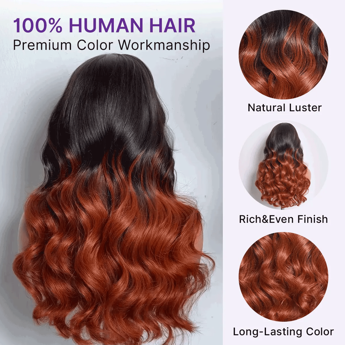 Luvme Hair ombre reddish brown loose wave lace wig with bangs, 5x5 glueless closure and pre-cut lace for a natural look.
