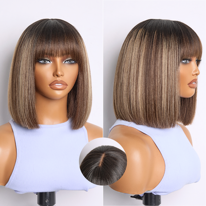 Luvme Hair honey blonde highlight yaki blunt cut bob wig with bangs, minimalist lace closure, beginner-friendly and glueless style.