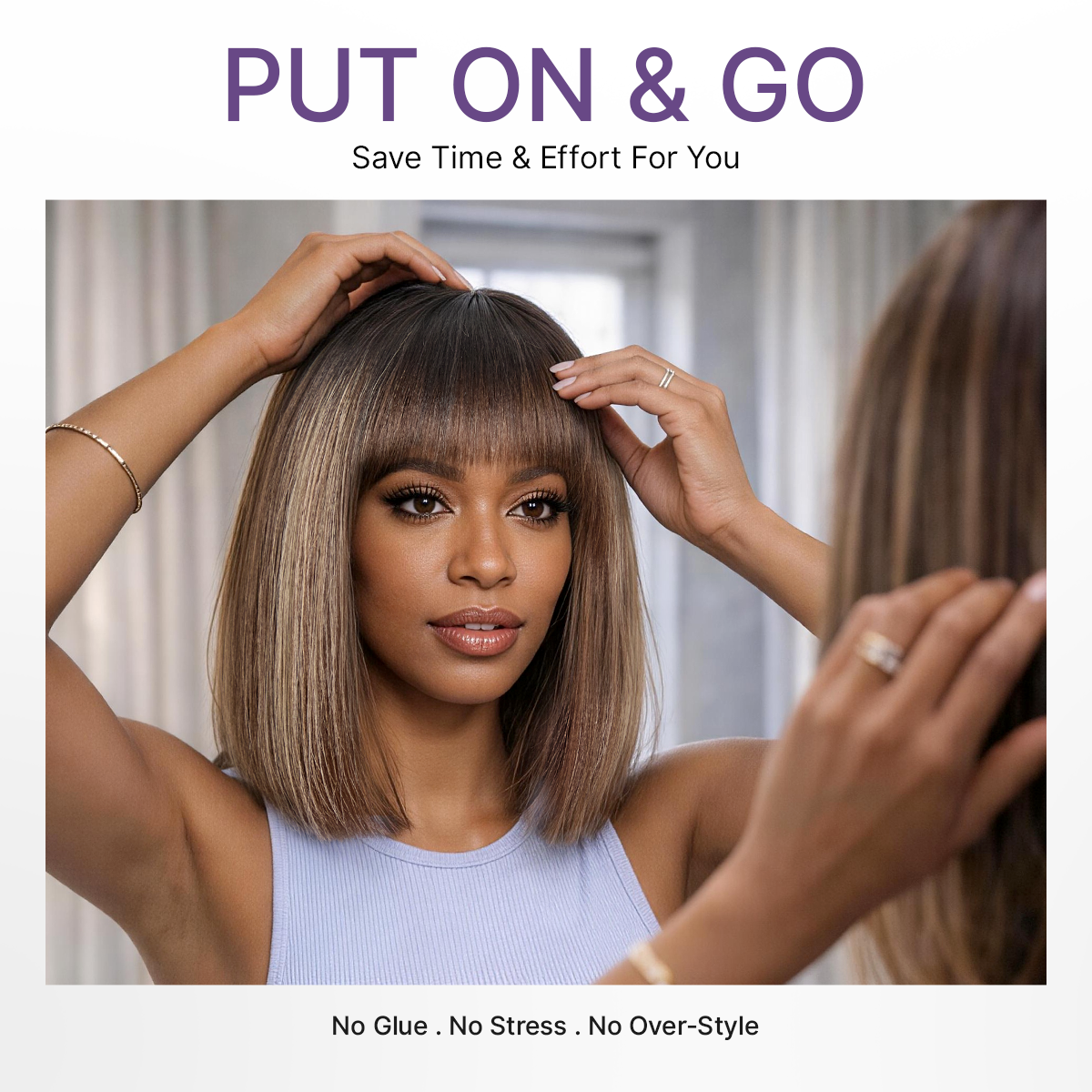 Luvme Hair honey blonde highlight Yaki blunt cut bob wig with bangs, glueless lace and minimalist style for beginners.