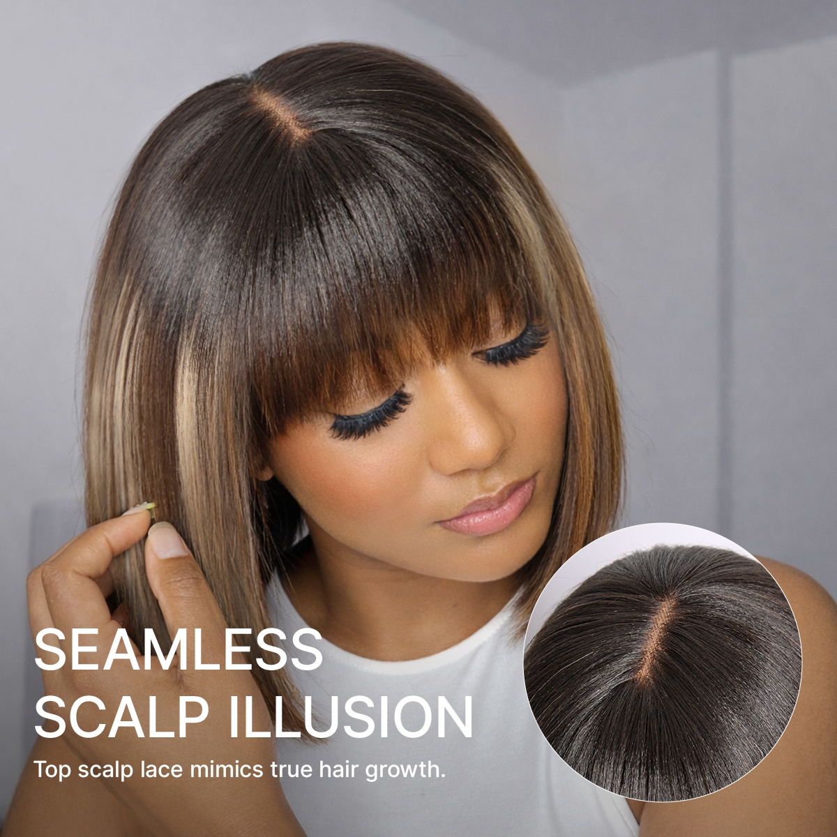 Honey blonde highlight Yaki blunt cut bob wig with bangs, glueless minimalist lace, by Luvme Hair, featuring a sleek, natural hairstyle.