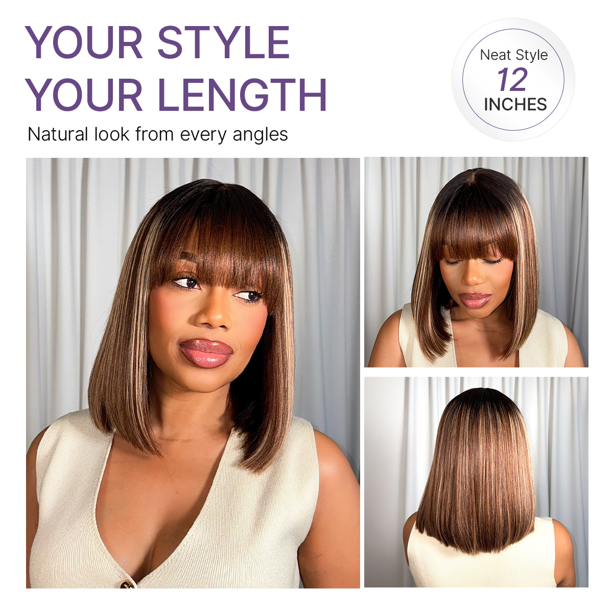 Honey blonde highlight Yaki blunt cut bob wig with bangs, glueless lace, minimalist style, by Luvme Hair.
