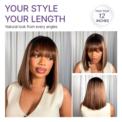 Honey blonde highlight Yaki blunt cut bob wig with bangs, glueless lace, minimalist style, by Luvme Hair.