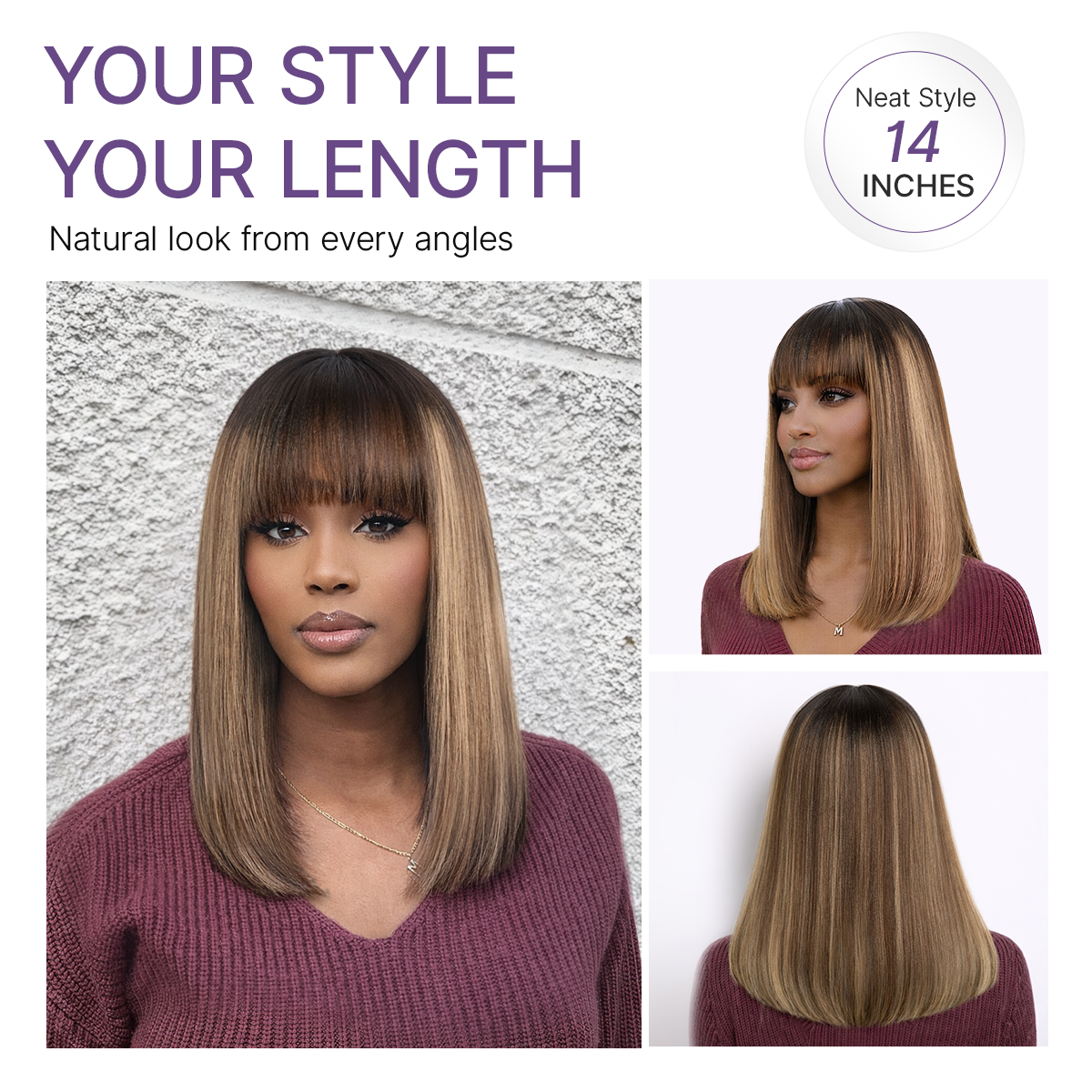 Luvme Hair honey blonde highlight Yaki blunt cut bob wig with bangs, glueless minimalist lace, suitable for beginners.