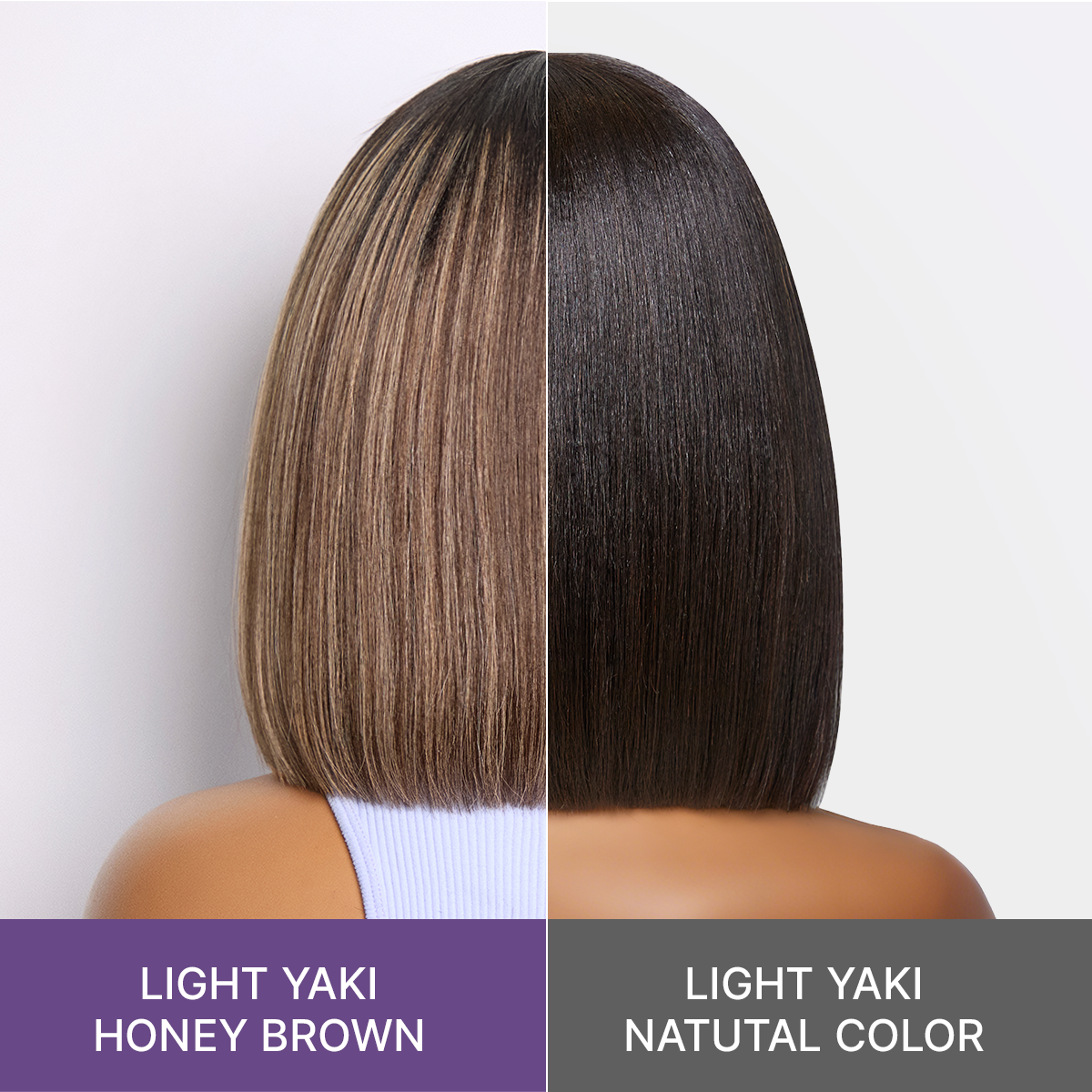 Honey blonde highlight Yaki blunt cut bob wig with bangs, glueless minimalist lace, designed for beginners by Luvme Hair.