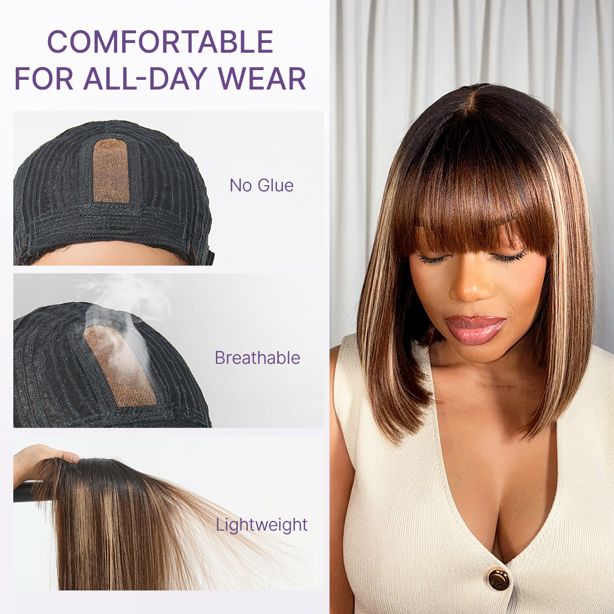 Beginner Friendly Honey Blonde Highlight Yaki Blunt Cut Bob Glueless Minimalist Lace Bob Wig with Bangs-12