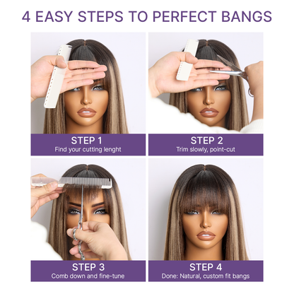 Beginner Friendly Honey Blonde Highlight Yaki Blunt Cut Bob Glueless Minimalist Lace Bob Wig with Bangs-14
