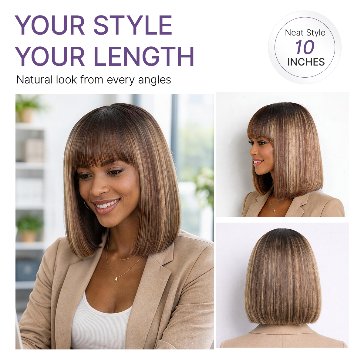 Honey blonde highlight Yaki blunt cut bob wig with bangs, glueless lace, minimalist style, by Luvme Hair.
