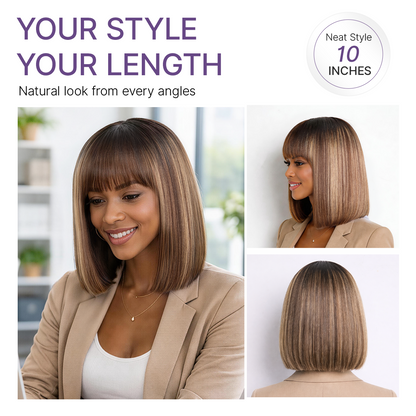 Honey blonde highlight Yaki blunt cut bob wig with bangs, glueless lace, minimalist style, by Luvme Hair.