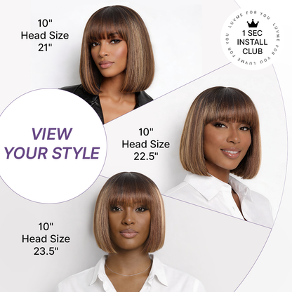 Honey blonde highlight Yaki blunt cut bob wig with bangs, glueless lace, minimalist style, from Luvme Hair.