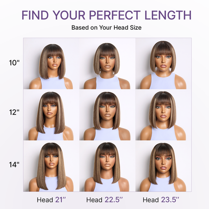 Honey blonde highlight Yaki blunt cut bob wig with bangs, glueless lace, minimalist style, from Luvme Hair.