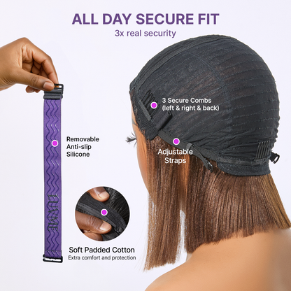 Beginner Friendly Honey Blonde Highlight Yaki Blunt Cut Bob Glueless Minimalist Lace Bob Wig with Bangs-13