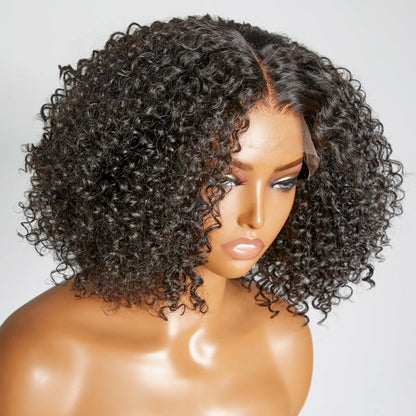 Luvme Kinky Curly Minimalist HD lace glueless mid-part short wig made of 100% human hair, natural curls, and lace front design.