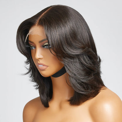 Natural black handcraft layered 5x5 closure HD lace glueless short wig by Luvme, showcasing intricate craftsmanship and realistic lace detail.