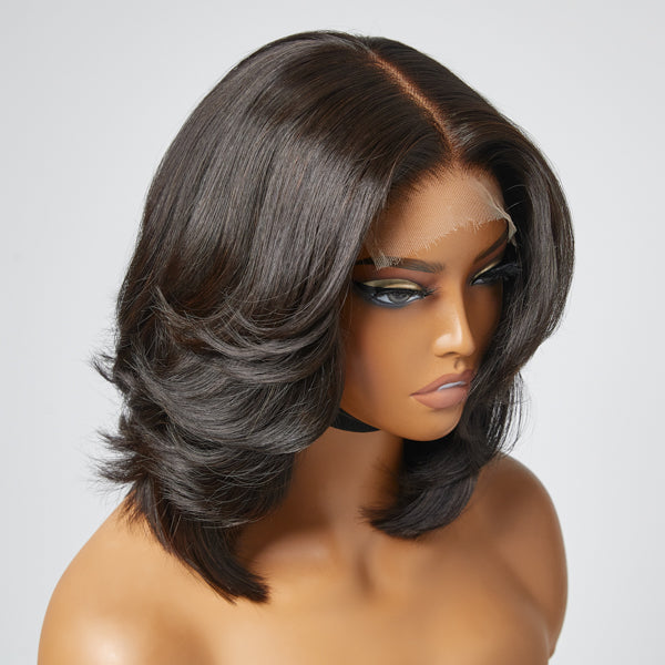 Natural black handcraft layered 5x5 closure HD lace glueless short wig by Luvme, showcasing textured layers and lace detailing.