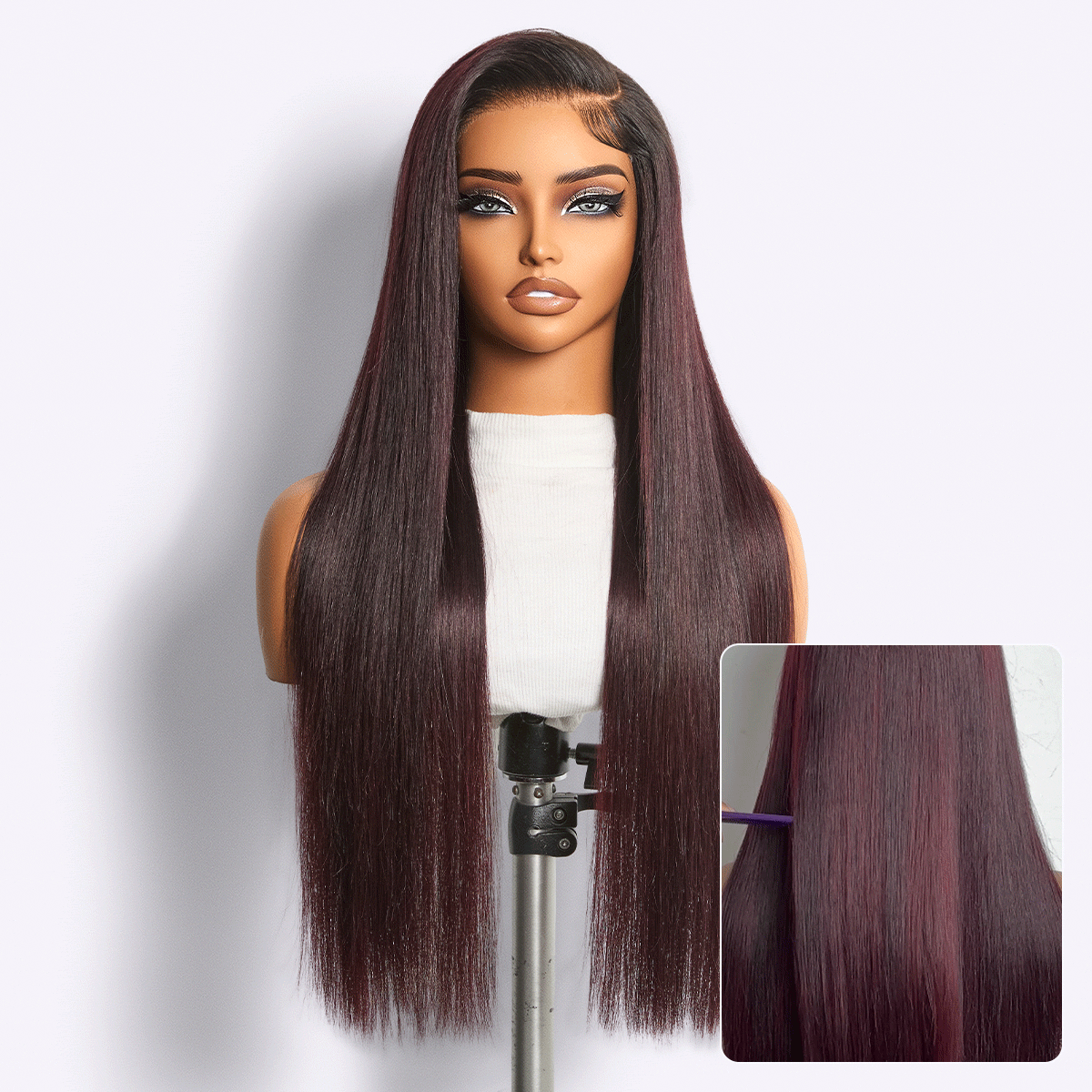 Luvme All-Day Comfort Wig with 180% density in dark plum, bone straight style, HD lace, pre-cut closure, baby hair, glueless fit