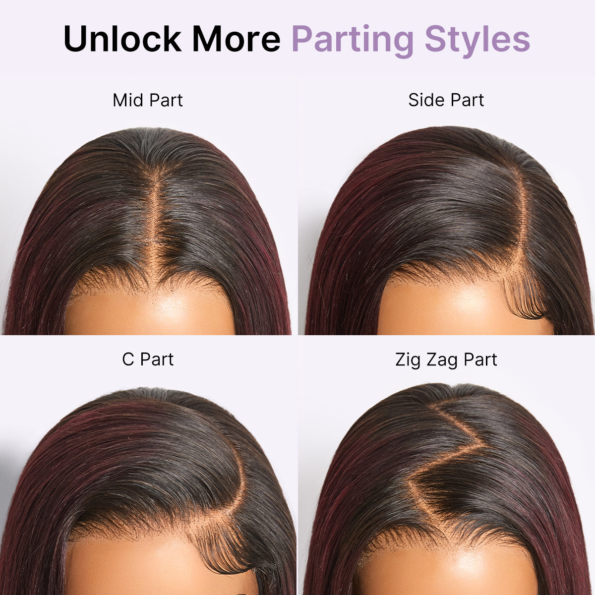 Luvme All-Day Comfort Wig with 180% density, dark plum straight hair, HD lace, pre-cut closure, and baby hair detail.