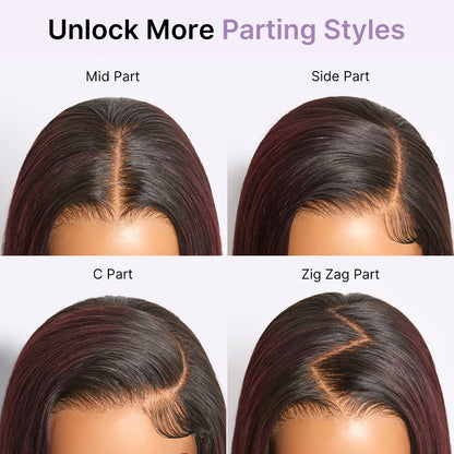 Luvme All-Day Comfort Wig with 180% density, dark plum straight hair, HD lace, pre-cut closure, and baby hair detail.