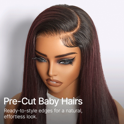 Luvme All-Day Comfort Wig in rich dark plum, bone straight with baby hair, 7x6 HD lace closure, pre-cut, max glueless fit.