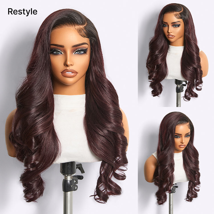 Luvme All-Day Comfort Wig in rich dark plum, bone straight with baby hair, 7x6 HD lace closure, max glueless, pre-cut lace