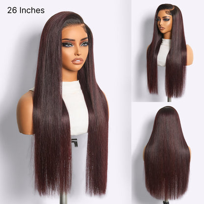 Luvme All-Day Comfort HD Lace Wig with 180% density in rich dark plum, bone straight style, pre-cut lace, and baby hair detailing.