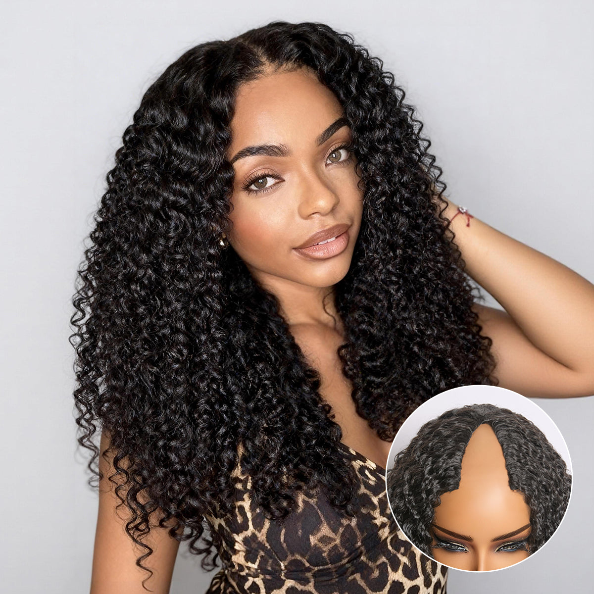 Luvme Hair True Scalp Burmese Curly V Part Glueless Human Hair Wig with drawstring, flexible fit and natural curly texture.