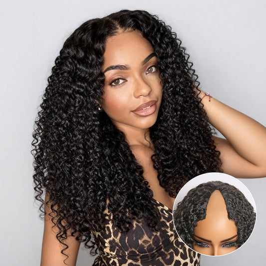 Luvme Hair True Scalp Burmese Curly V Part Glueless Human Hair Wig with drawstring, flexible fit and natural curly texture.