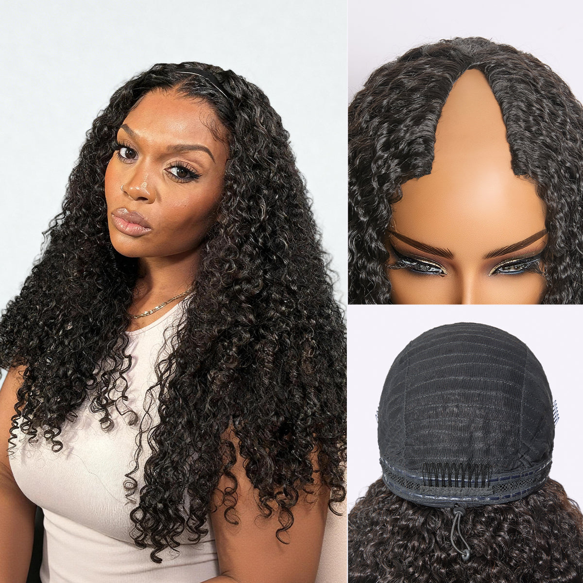 Luvme Hair Burmese Curly V Part glueless human hair wig with flexible fit and drawstring, featuring natural curly texture