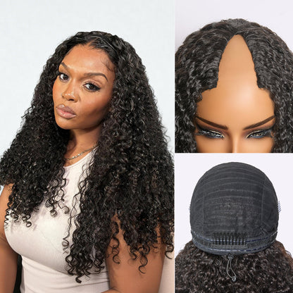 Luvme Hair Burmese Curly V Part glueless human hair wig with flexible fit and drawstring, featuring natural curly texture