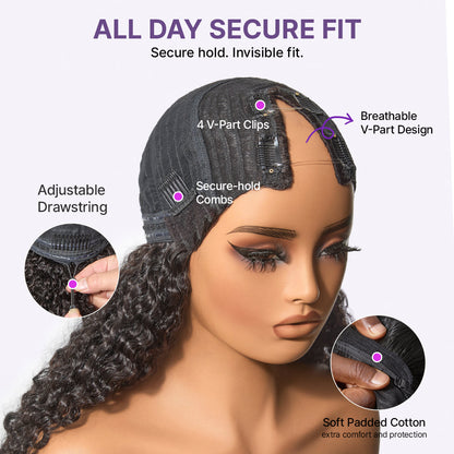 Luvme Hair Burmese Curly V Part glueless human hair wig with adjustable drawstring and flexible fit, showcasing the curly hair texture.