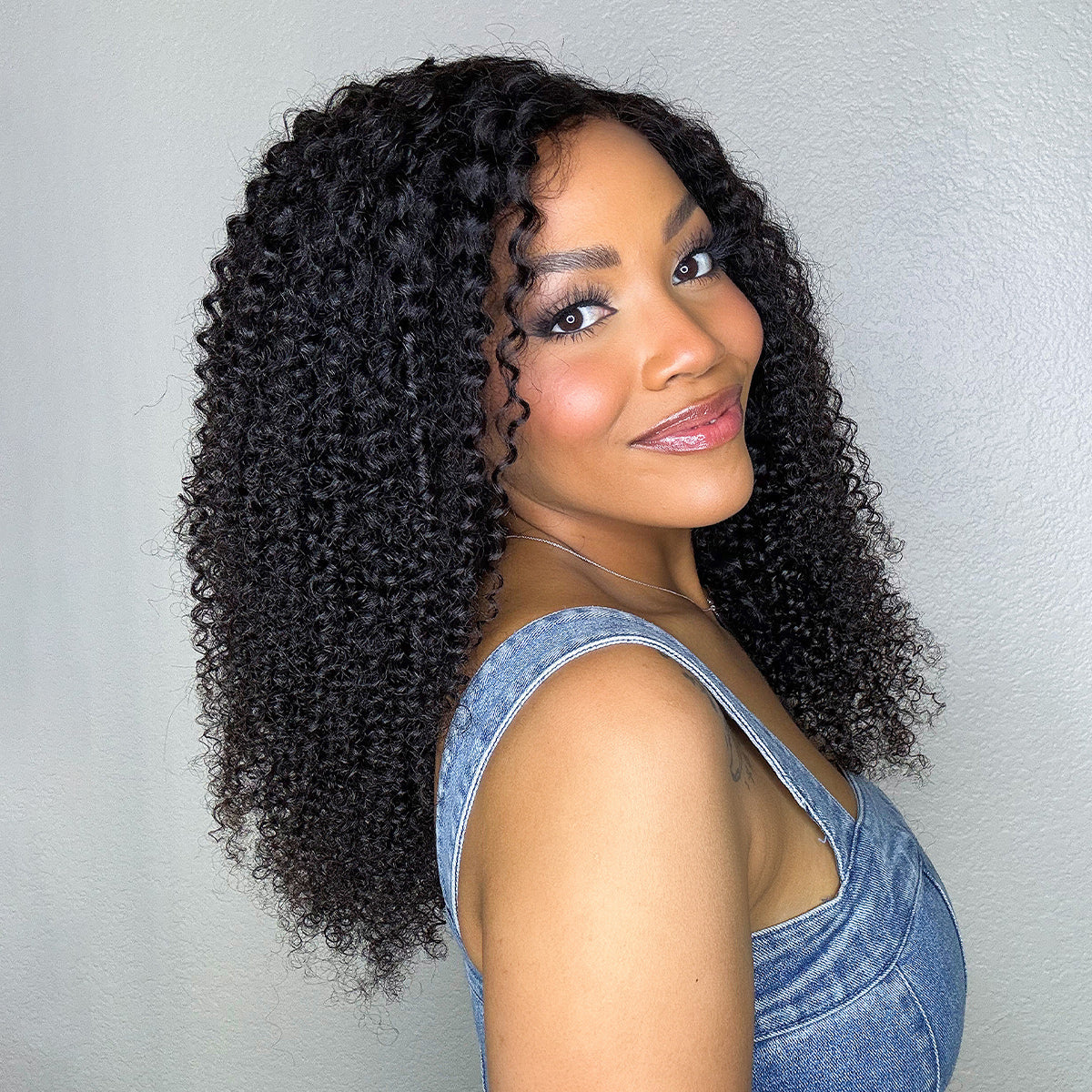 Luvme Hair 180% density kinky curly 7x6 HD lace wig with pre-cut lace, glueless cap, and flexible drawstring fit.