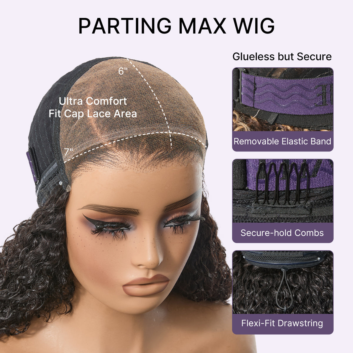 Luvme Hair 180% density kinky curly HD lace wig with 7x6 closure, pre-cut lace, glueless cap, flexible fit, and drawstring adjustment
