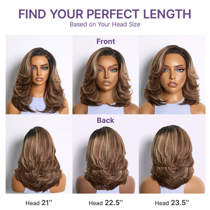 Caramel brown layered wavy lace wig by Luvme Hair featuring a glueless, HD minimal lace and pre-cut style.