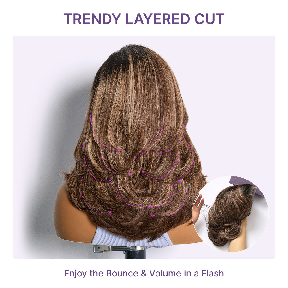 Caramel brown layered wavy lace wig with highlights, glueless HD minimal lace, pre-cut, by Luvme Hair