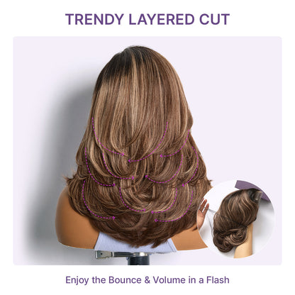 Caramel brown layered wavy lace wig with highlights, glueless HD minimal lace, pre-cut, by Luvme Hair