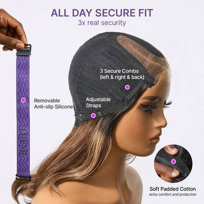 Caramel brown layered wavy lace wig by Luvme Hair, glueless HD minimalistic design, pre-cut with natural wave pattern