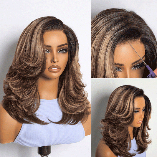 Caramel brown layered wavy lace wig by Luvme Hair, glueless HD minimalistic design, pre-cut for a natural look
