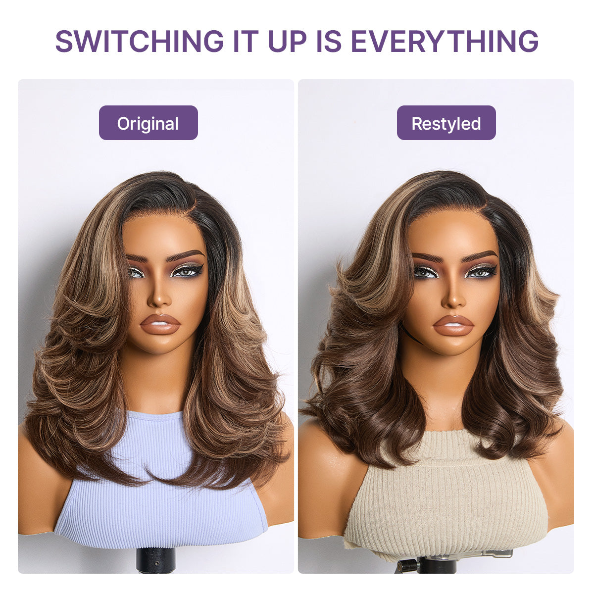 Caramel brown layered wavy lace wig by Luvme Hair, glueless HD minimalistic design, pre-cut for a natural look