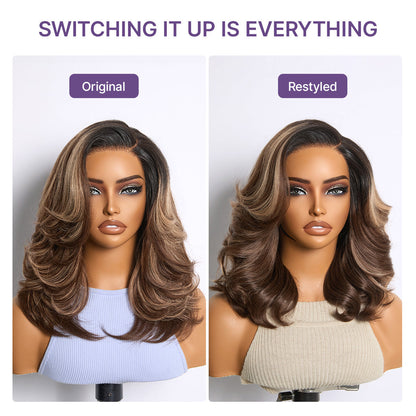 Caramel brown layered wavy lace wig by Luvme Hair, glueless HD minimalistic design, pre-cut for a natural look