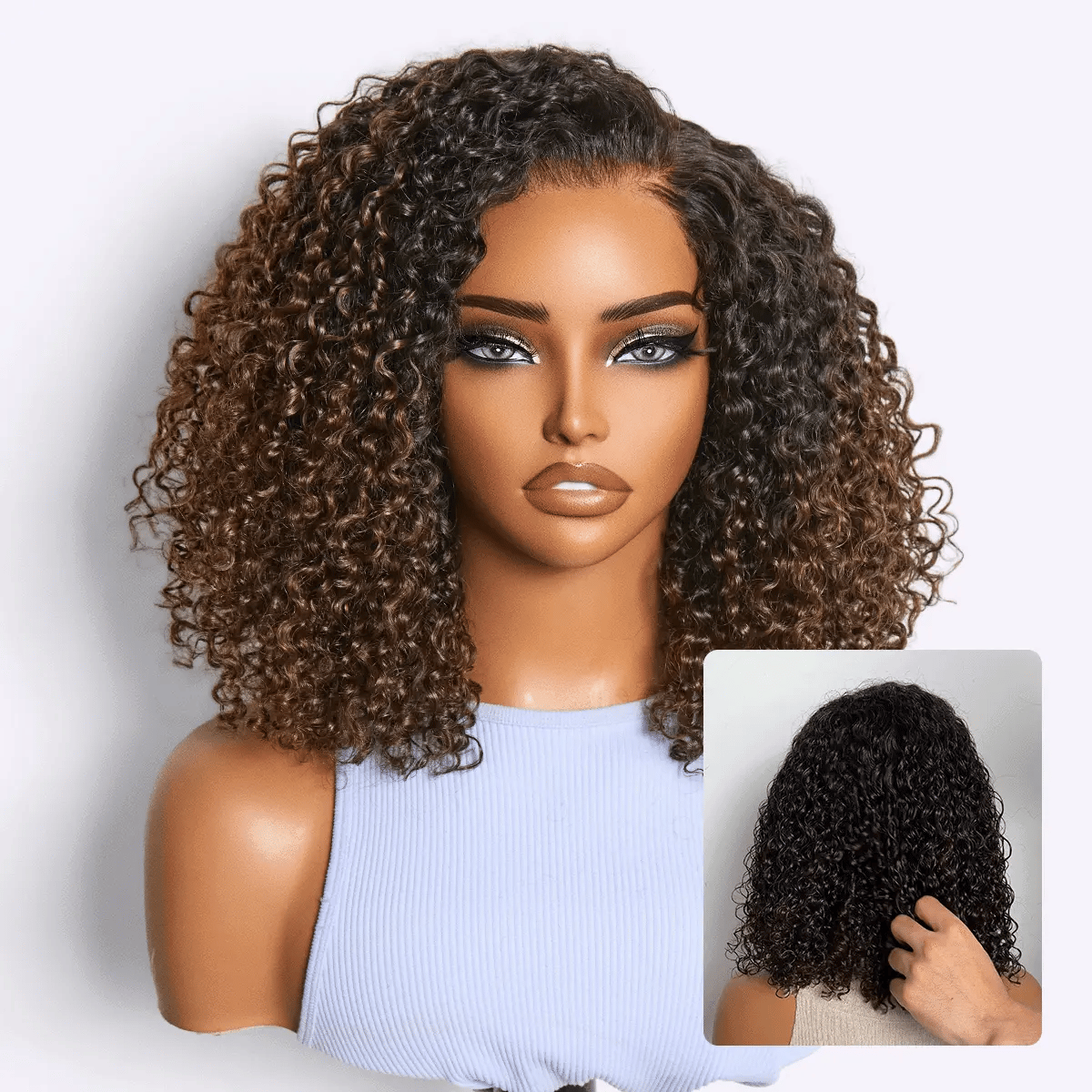 Luvme Hair ombre brown curly HD lace wig with 5x5 glueless closure, fluffy texture, pre-cut lace, and 180% density.