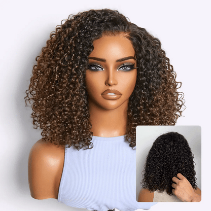 Luvme Hair ombre brown curly HD lace wig with 5x5 glueless closure, fluffy texture, pre-cut lace, and 180% density.