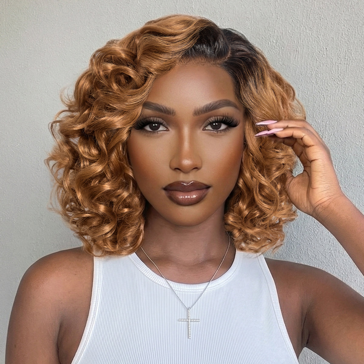 Dark root ombre brown lace wig with loose waves, bouncy style, minimal HD lace, ready-to-wear, from Luvme Hair.