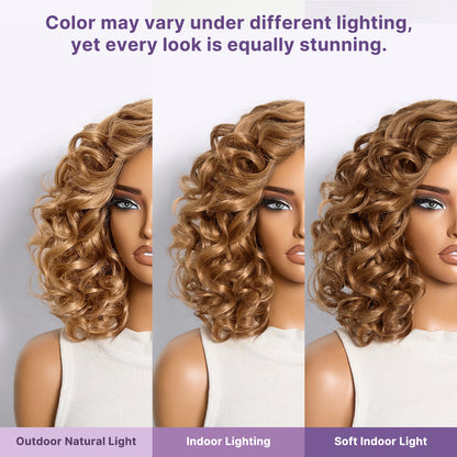 Luvme Hair dark root ombre brown lace wig with bouncy loose waves, minimal glueless design, ready-to-wear HD lace wig.