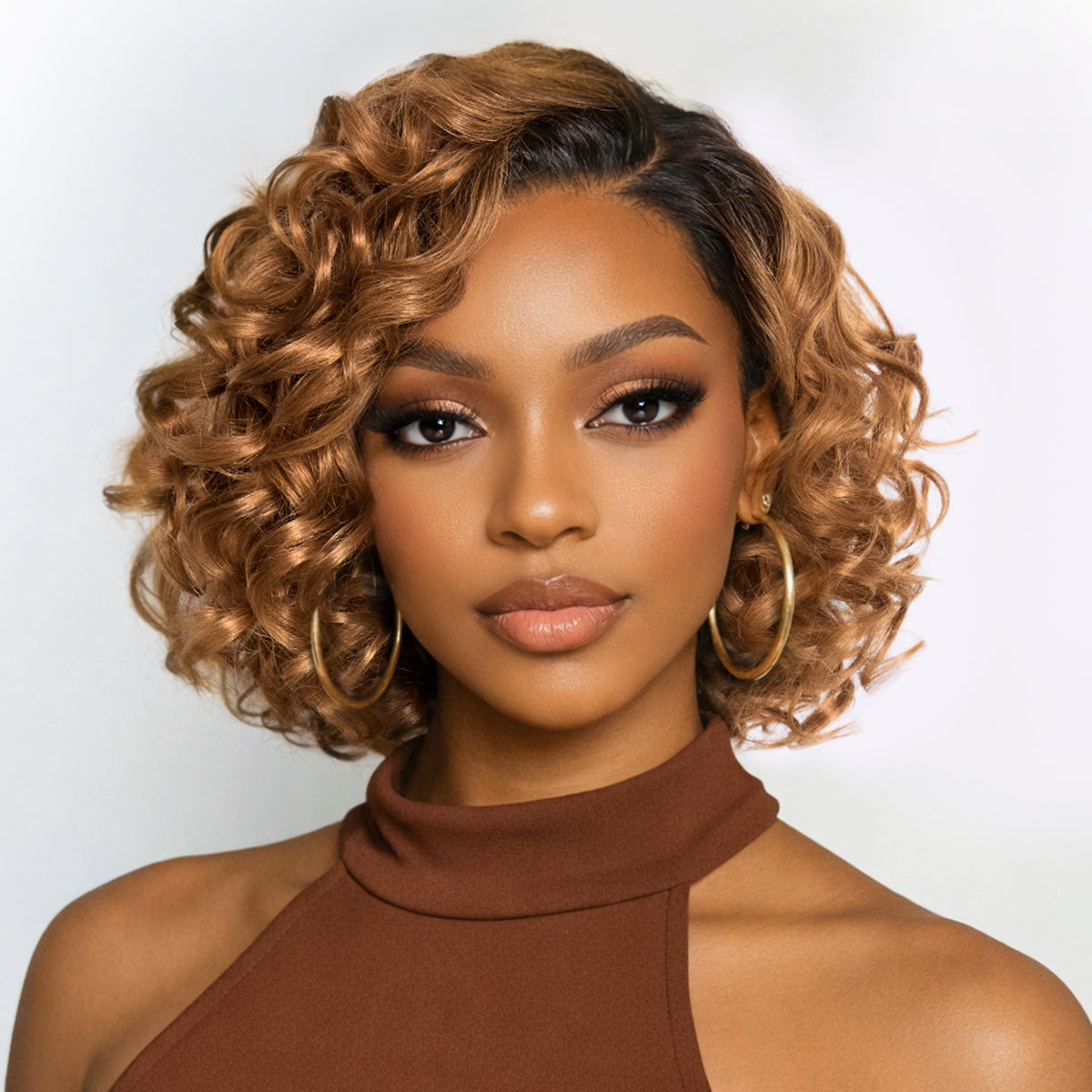 Luvme Hair dark root ombre brown lace wig with bouncy loose waves, minimalistic HD lace, ready-to-wear, glueless style.