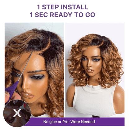Luvme Hair dark root ombre brown lace wig with loose waves, glueless, minimalistic design, ready-to-wear, HD lace for a natural look.