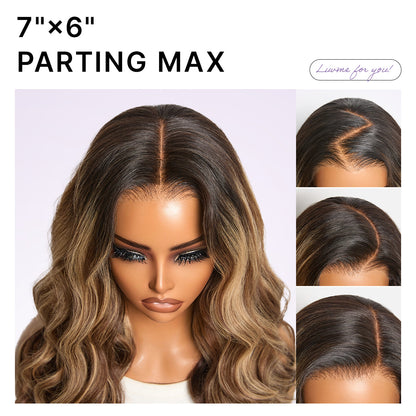 Luvme All-Day Comfort Wig with 180% density, blonde highlights, loose waves, 7x6 HD lace closure, pre-cut lace, glueless design