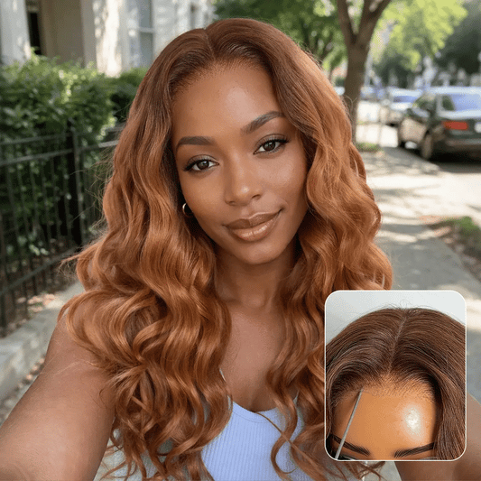 Luvme Hair Ombre Ginger Loose Wave HD Lace Wig with 5x5 closure, glueless, pre-cut lace, and flexible drawstring for a natural fit.